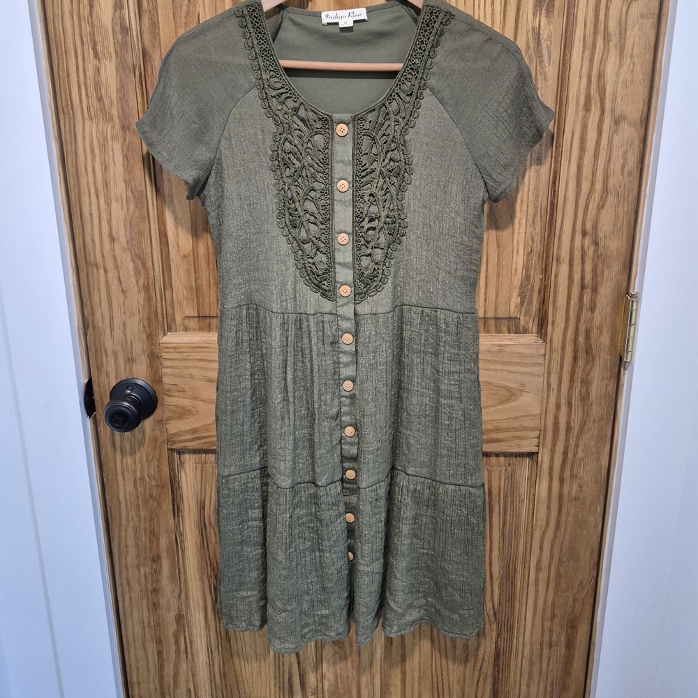 Indigo Rose Green Button-Front Crochet Yoke Dress